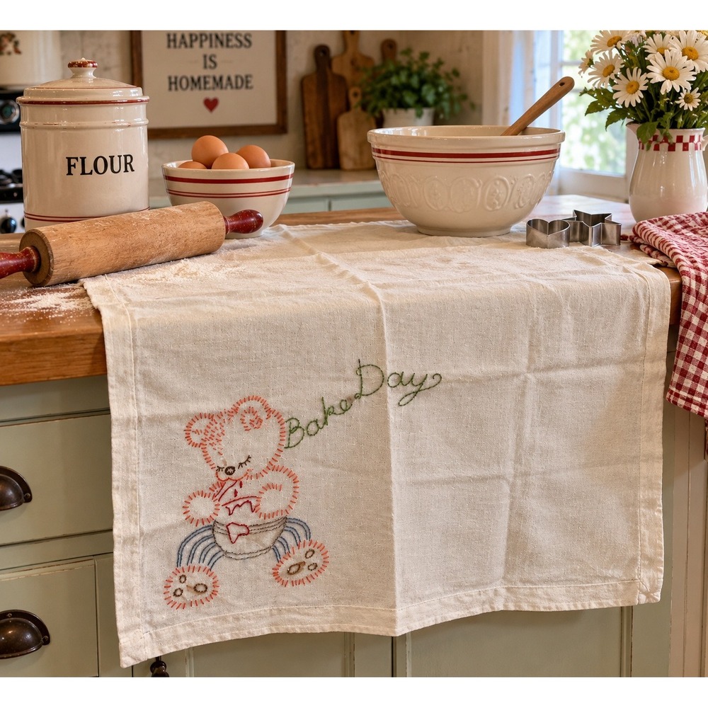 Vintage 1940s Hand Embroidered Bake Day Teddy Bear Tea Towel 26x25 Off White